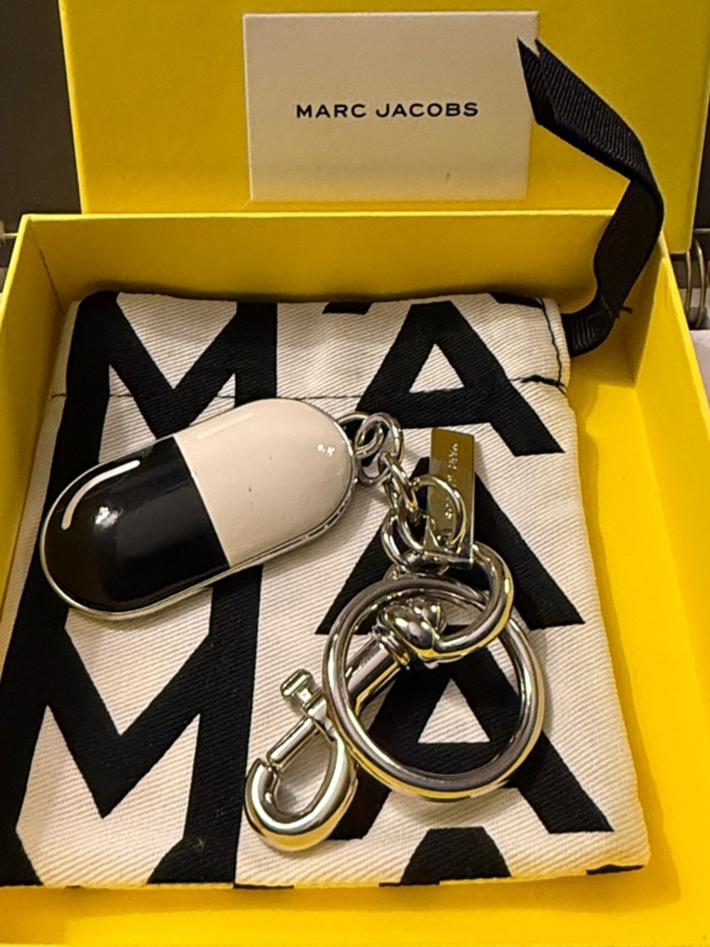 Marc Jacobs Black and White Capsule Keyring with Silver Hardware